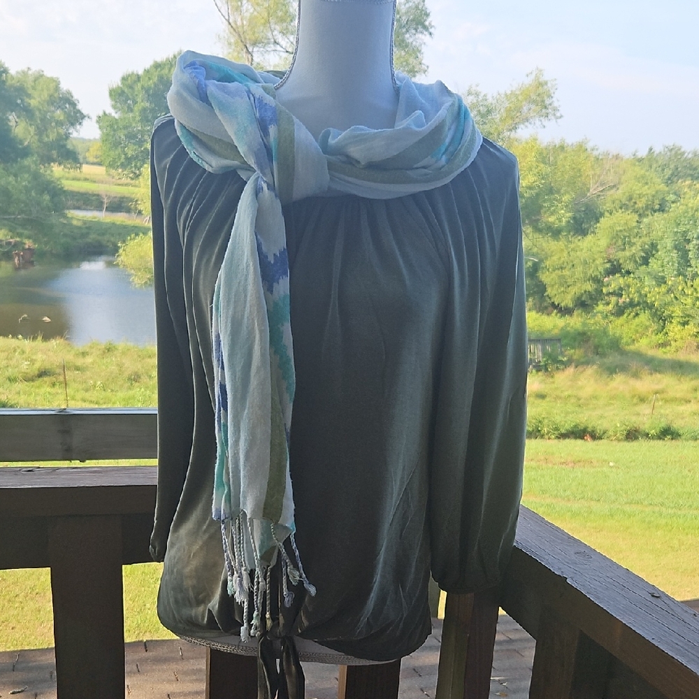 Green Envelope Green Top with Aqua and Lime Scarf